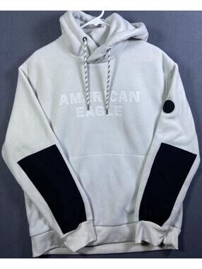 American Eagle Hoodie Sweatshirt Mens Large White Fleece Logo Pullover Black